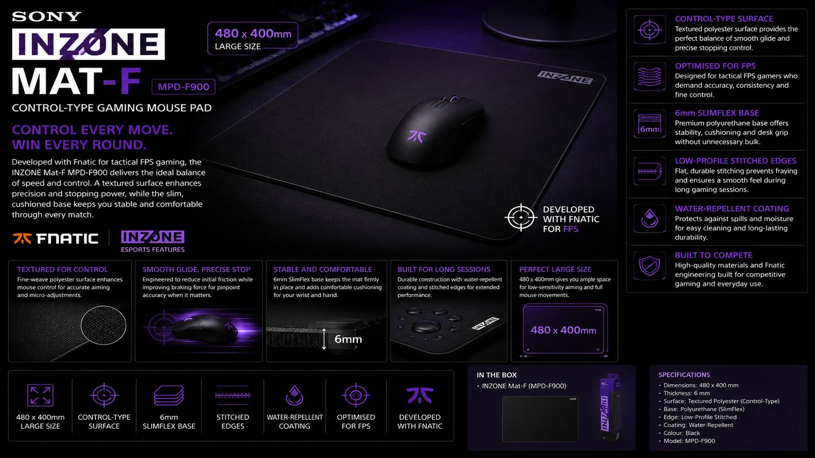 Sony INZONE Mat-F MPD-F900, Large Control-Type Gaming Mouse Pad, 480x400mm, Polyester Fabric Surface, 6mm SlimFlex Base, Water-Repellent Coating, Stitched Edges, Fnatic-Tuned, Black | MPD-F900
